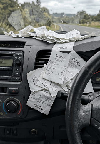 Messy ute dashboard covered in faded receipts